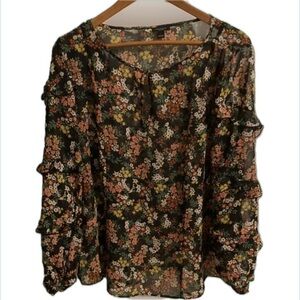 Ann Taylor Factory Boho Blouse. Black floral print. Fall colors. Size L.